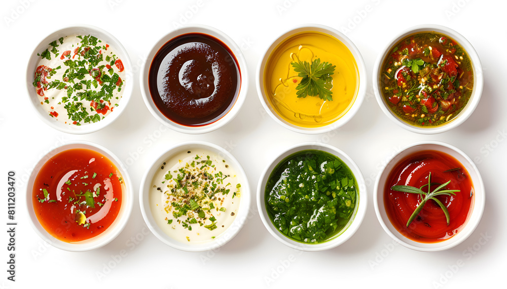 Set of different sauces in bowls isolated on white background Set of different sauces in bowls isolated on white background