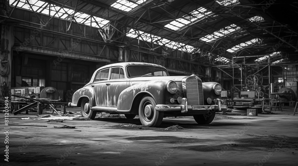 A black and white photo vinatge old car in the hangar