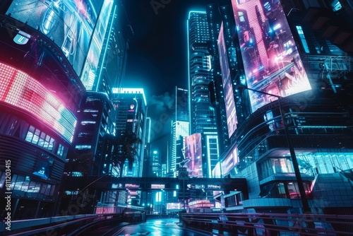 A bustling city street at night filled with vibrant neon lights from giant screens and buildings, A futuristic cityscape with giant screens displaying podcasts for citizens to listen to