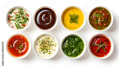 Set of different sauces in bowls isolated on white background