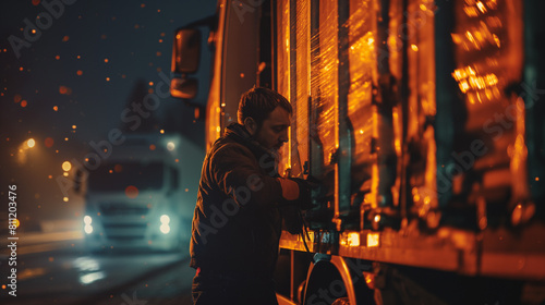 Truck driver loading goods and securing it on lorry with straps. Cargo transportation 