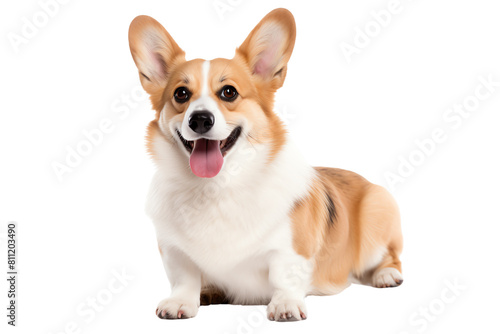 A cute corgi is sitting on the ground. It has a white and brown coat, and it is looking up at the camera with a happy expression on its face.