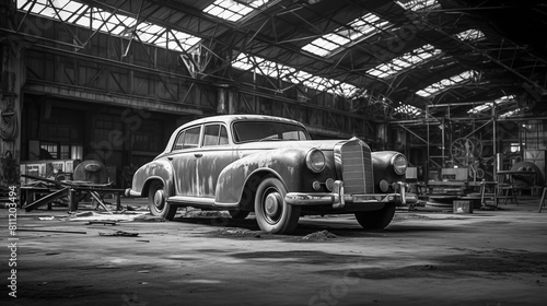 A black and white photo vinatge old car in the hangar photo