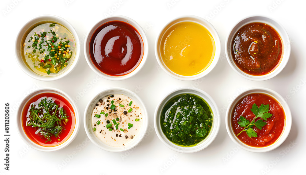 Set of different sauces in bowls isolated on white background