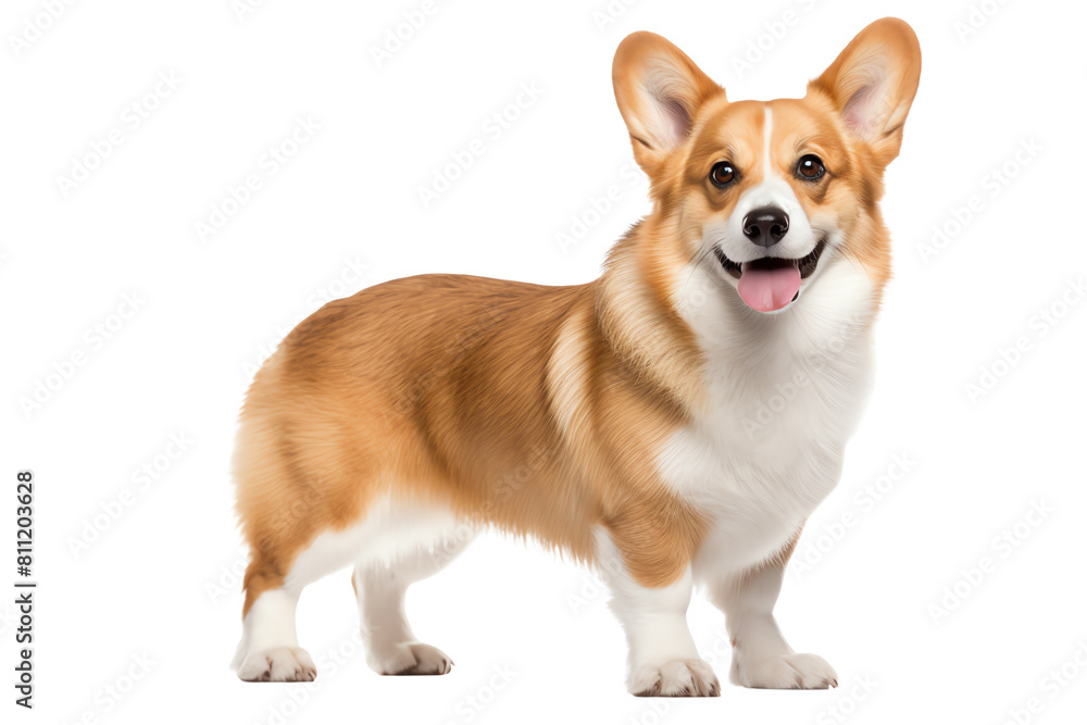 A cute corgi standing on a white background. It has a light brown coat and white paws. It is looking at the camera with a happy expression. A cute corgi standing on a white background. It has a light brown coat and white paws. It is looking at the camera with a happy expression.