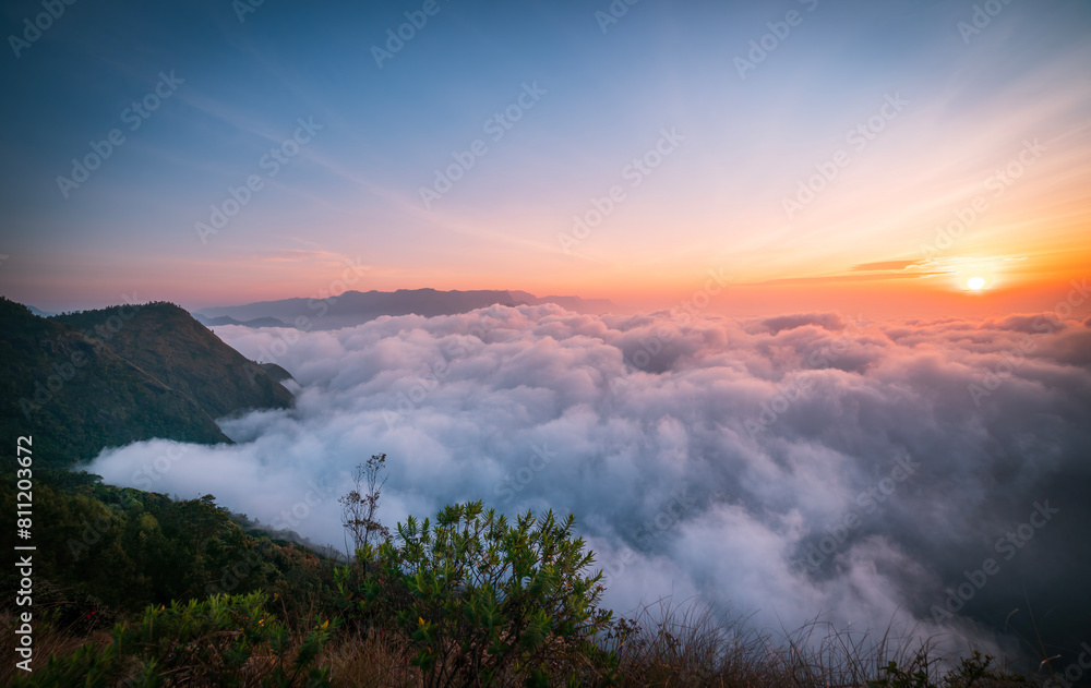 Foggy morning in the mountains, amazing sunrise view from Kolukkumalai Munnar Kerala Foggy morning in the mountains, amazing sunrise view from Kolukkumalai Munnar Kerala
