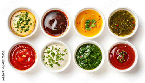 Set of different sauces in bowls isolated on white background