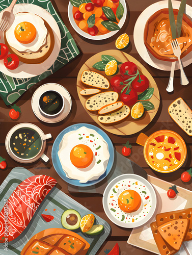 Spanish traditional breakfast, Spanish traditional food flat style illustration 