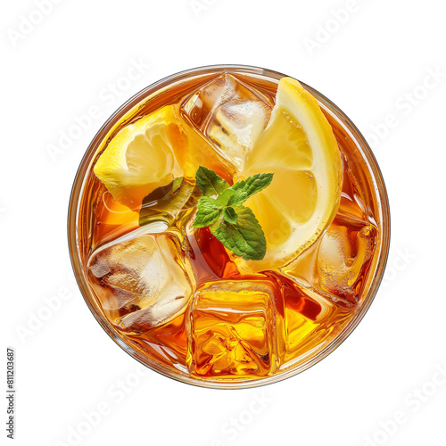 ice tea top view with mint and lemon, cold coffee, 