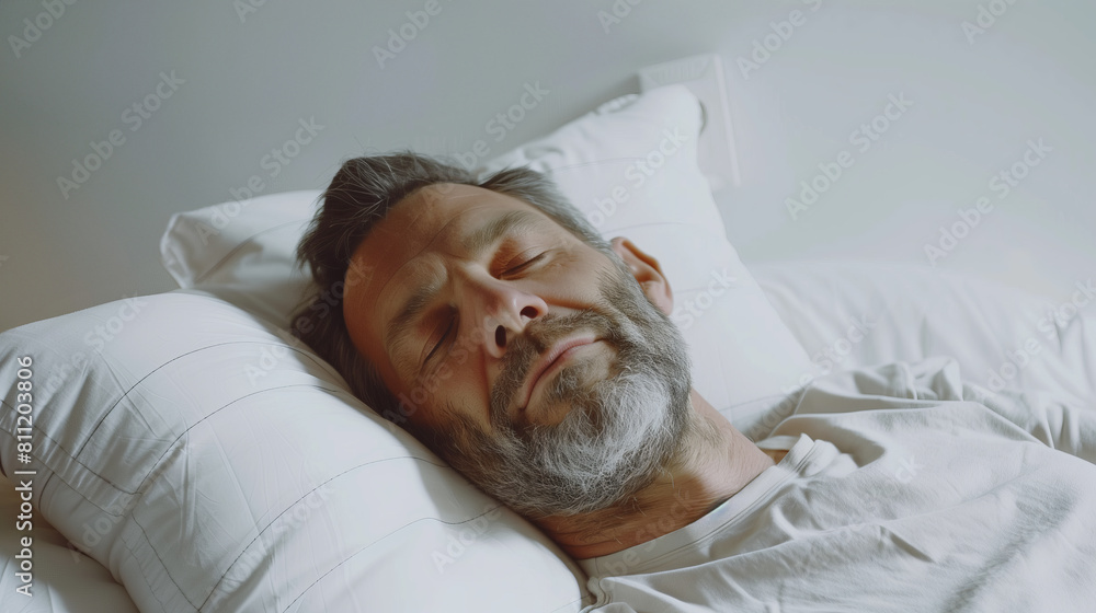 45-year-old businessman sleeps on his side on a white pillow, comfortable expression, room is spacious and bright, reflecting relaxation and quiet comfort, text space