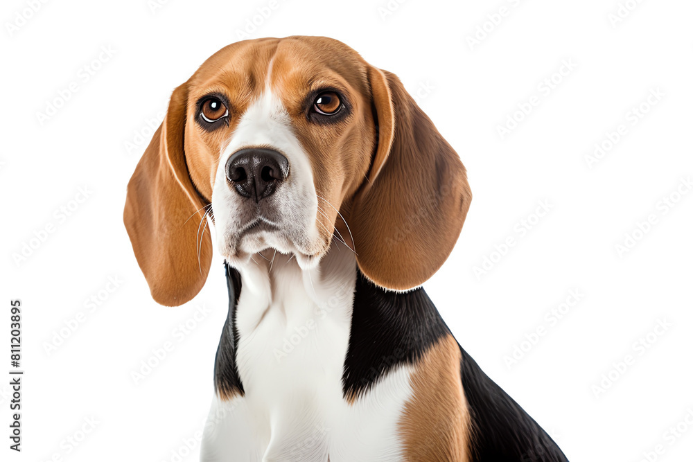 A photo of a beagle with a sad expression on its face