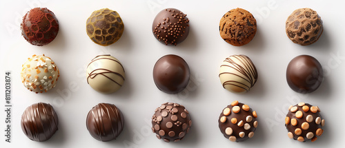 various chocolate truffles, seen from above, gourmet chocolates, rich, creamy, nuts. White background.