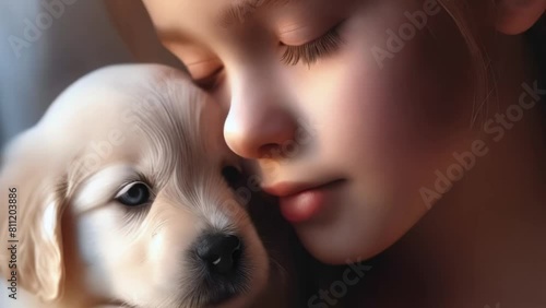 Little girl holding cute puppy.  Child and dog. Kid hugging her puppy. Close up. Adorable domestic pet. Generative AI photo