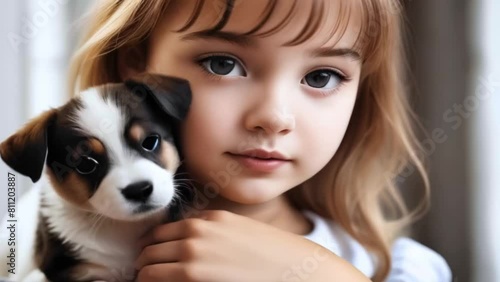 Little girl holding cute puppy.  Child and dog. Kid hugging her puppy. Close up. Adorable domestic pet. Generative AI photo