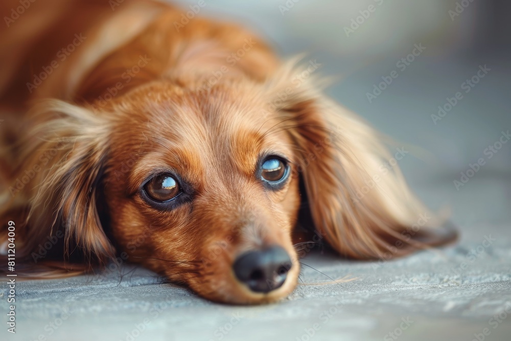 A brown dog with long hair lays on the ground