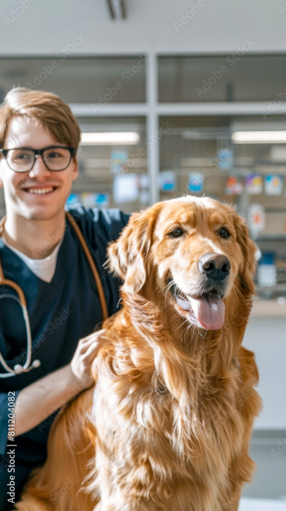 Young Veterinarian in Glasses Petting a Noble Healthy Golden Retriever Pet in a Modern