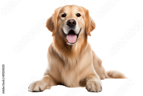 The image shows a Golden Retriever dog with a happy expression on its face