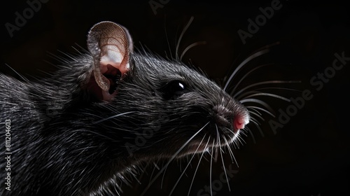 A black rat is standing on a dark background. Generative AI.