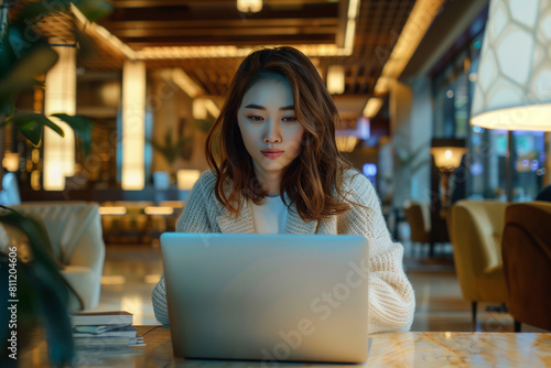 Beautiful Asian woman in a beige cardigan is working on a laptop in hotel lobby, front view