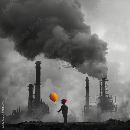 Boy with yellow balloon in industrial landscape.