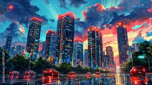 A vision of tomorrows city, with hydrogen fuel cell cars silently gliding past skyscrapers, embodying a sustainable urban lifestyle photo