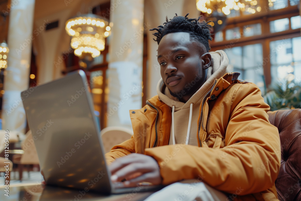 Young black, African American man with short dreadlocks working on a laptop in a hotel lobby Young black, African American man with short dreadlocks working on a laptop in a hotel lobby