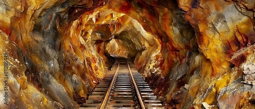 An underground passage in a gold mine, with rails for ore carts and walls glistening with traces of gold and arsenic photo