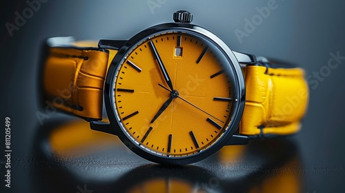 A vintage hand watch with a yellow face blamk numerals rests on a dark background photo