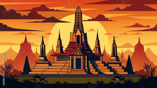 Thai temple in sunset time. Vector illustration of travel background.