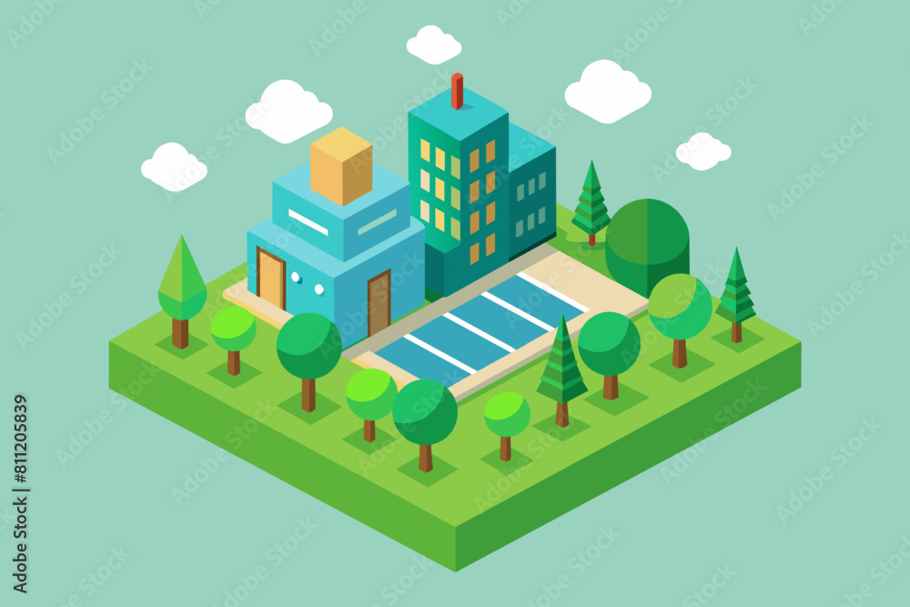 Isometric city with buildings and trees. Vector illustration in flat style.