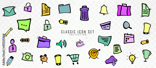 Classic icon set, work and stationery. Colorful modern symbols, cartoon style, pop art.