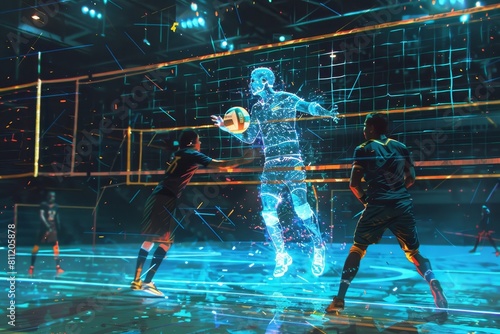 A group of volleyball players standing on a futuristic stage, A futuristic depiction of volleyball players wearing high-tech gear on a holographic court