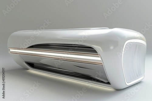 A white toaster sitting on top of a counter in a modern kitchen  A futuristic design of an air conditioner unit with sleek  modern aesthetics