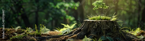 A striking image of a young tree's emergence from a decaying stump, set in a verdant forest, capturing the essence of life's persistence and growth photo