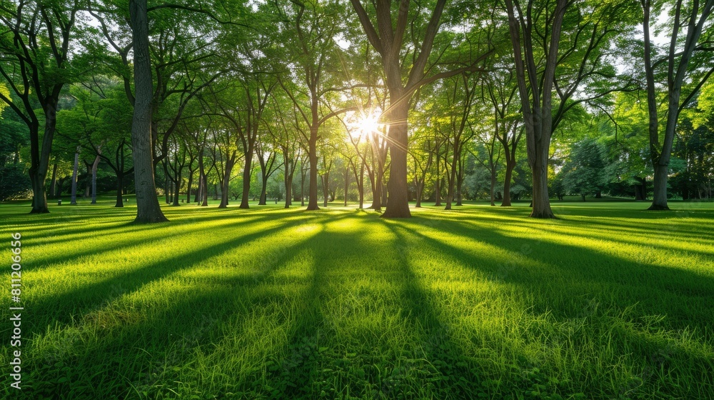 A large green lawn with trees in the background, the sun shines through the leaves.