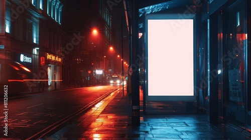 A vertical digital billboard displays a blank white screen at a bus stop on a city street at night  creating a dramatic and cinematic setting for potential advertisements