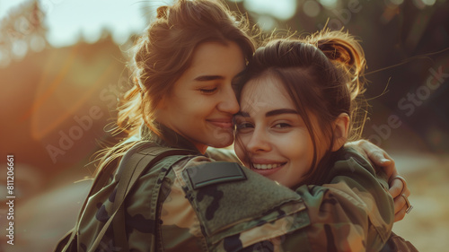 Two women in camouflage military uniform hugging and smiling, showing love and joy