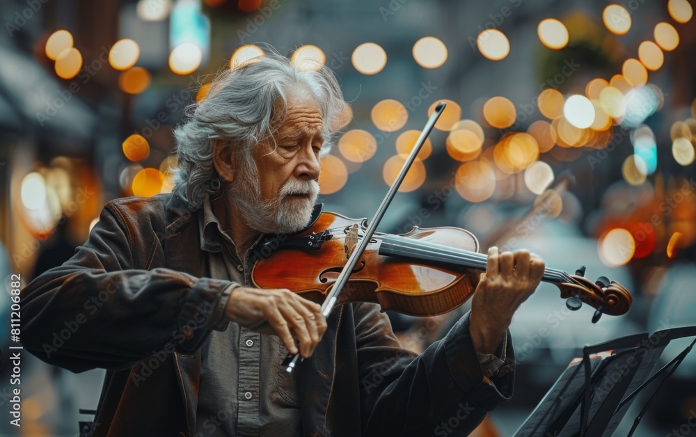 Fototapeta premium A man playing a violin in a city street. The man is wearing a jacket and he is an older gentleman. The scene is set in a city with cars and a bench nearby