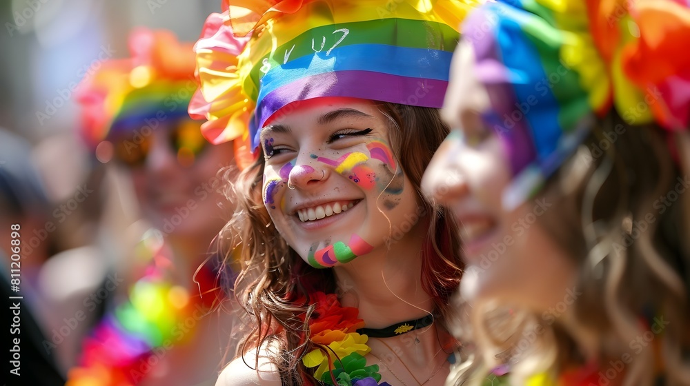 Colorful Pride Month with Smiling Faces and Rainbow Flags in the City Streets Colorful Pride Month with Smiling Faces and Rainbow Flags in the City Streets