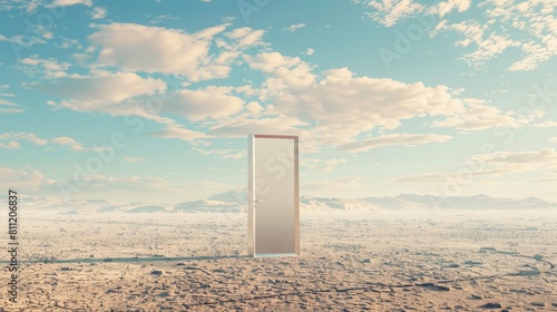 A 3D rendered visualization of a solitary open door in a wide desert, embodying concepts of innovation and unknown futures