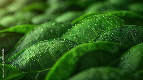   A macro shot of numerous verdant foliage leaves with raindrops and a hazy backdrop