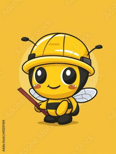 Cartoon cute bee character wearing a construction helmet in a simple design on a solid background. World Bee Day