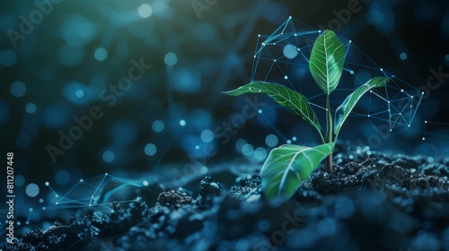 a plant that is abstractly growing in dirt on Earth. design in low poly. geometric backdrop in blue. Light connection structure in wireframe. Stylish graphic design. image that is isolated. Generative photo