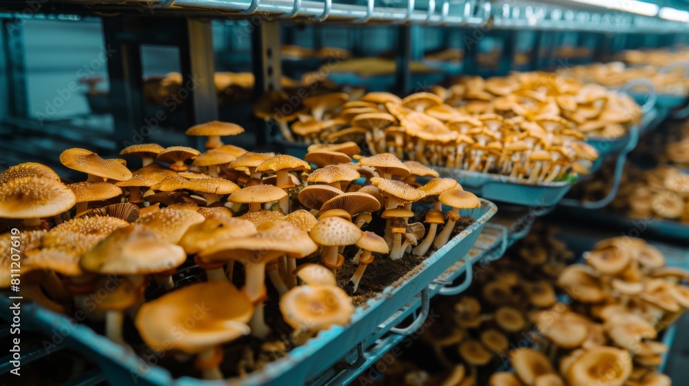 Fototapeta premium A mushroom farm with rows of cultivation beds, showcasing the process of growing and harvesting mushrooms on a commercial scale.