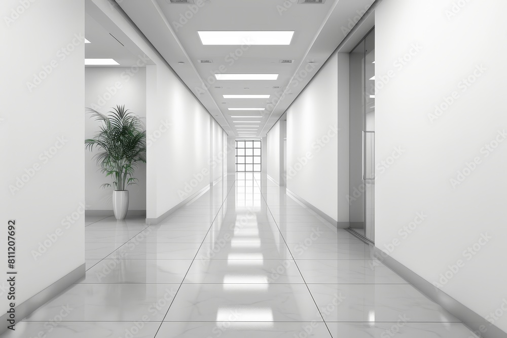 A long, empty hallway with a white wall and a plant in the middle