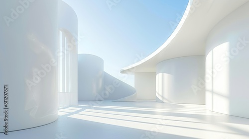 Fototapeta Naklejka Na Ścianę i Meble -  Abstract 3d white architecture interior for design, modern, contemporary, indoor and outdoor, curved wall, blue architecture, with sunny day. hyper realistic 
