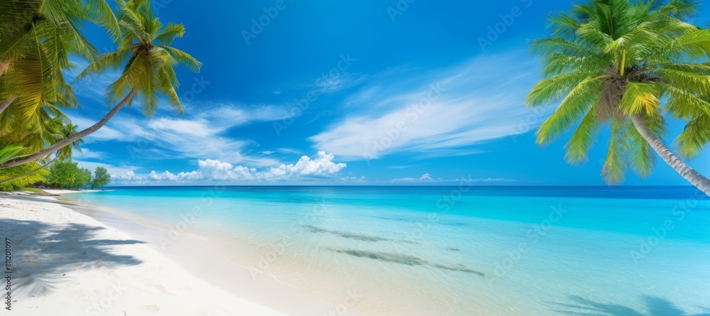 A beautiful tropical beach, coconut palms by the sea with turquoise water, a paradise island, a seaside resort. Summer background. Banner