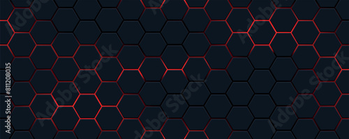 Dark hexagon pattern on red neon background. Modern geometric shapes technology style. © sanchesnet1