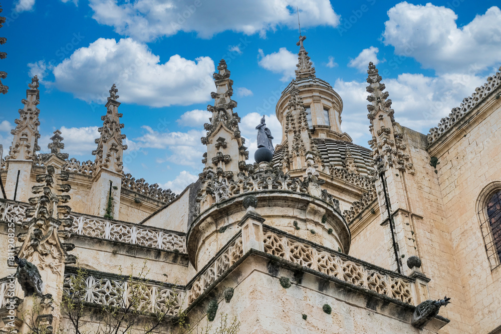 Segovia, España. April 28, 2022: Segovia Cathedral with blue sky. Segovia, España. April 28, 2022: Segovia Cathedral with blue sky.