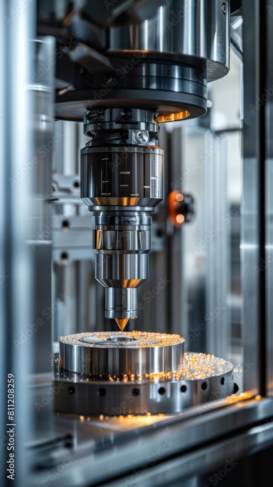 A machine is making a metal object. The object is round and has a hole in the middle A machine is making a metal object. The object is round and has a hole in the middle